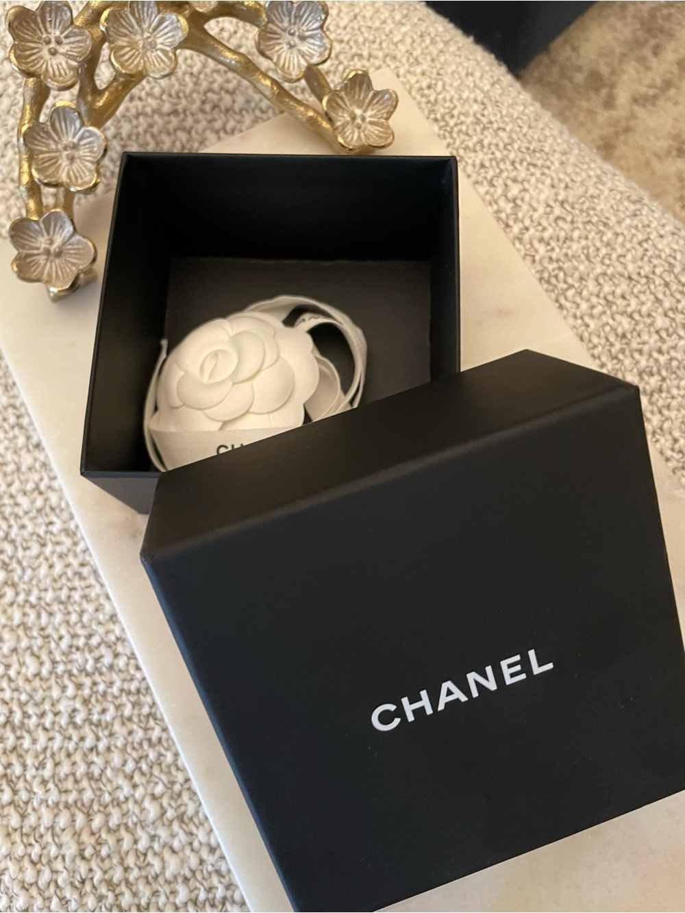 CHANEL Black jewelry Box with White Camellia Accessory and ribbon